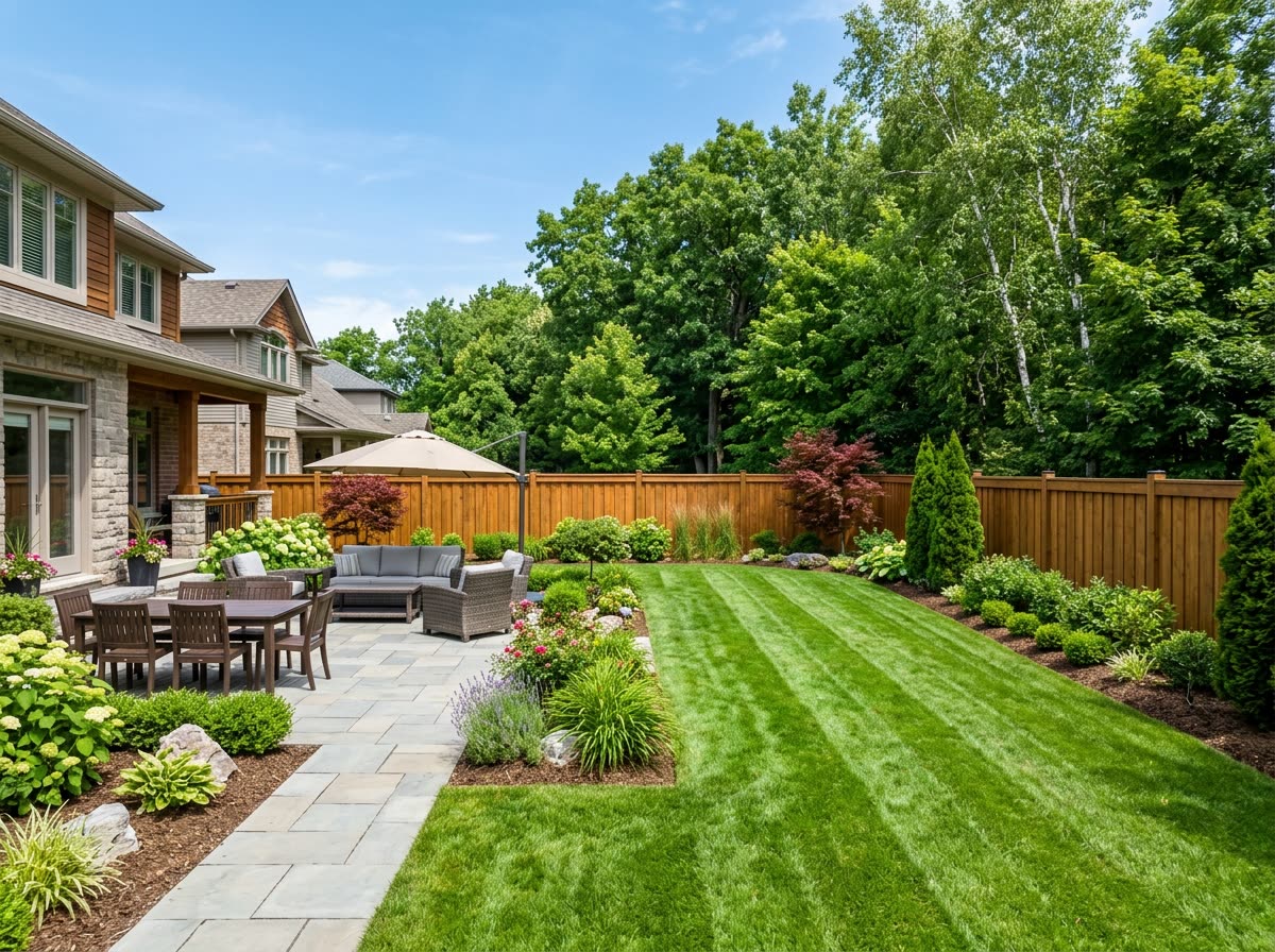 Landscaped backyard with a paver patio, striped lawn and shrubs
