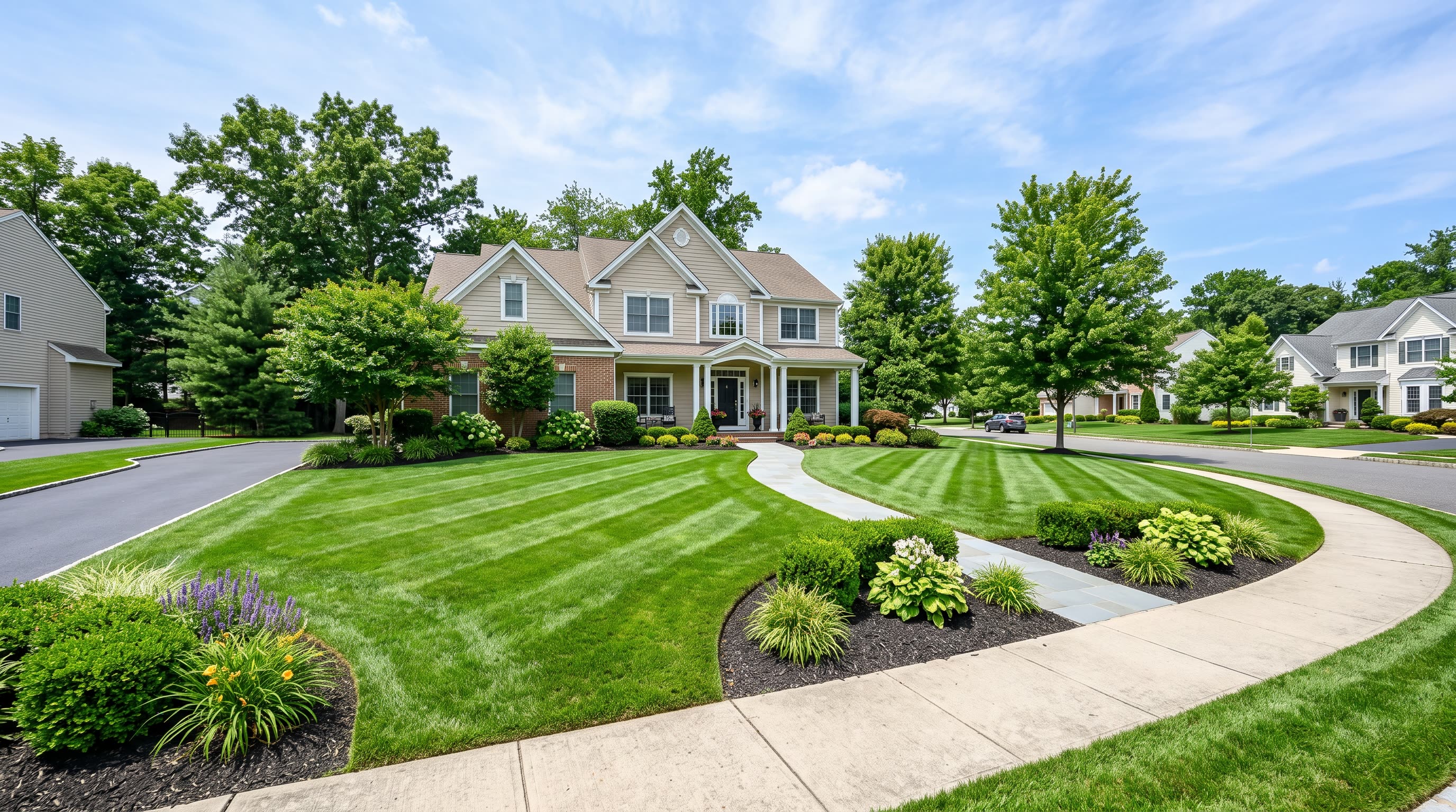 An immaculate striped front lawn with tidy mulch beds and a paved walkway in a New Jersey neighborhood